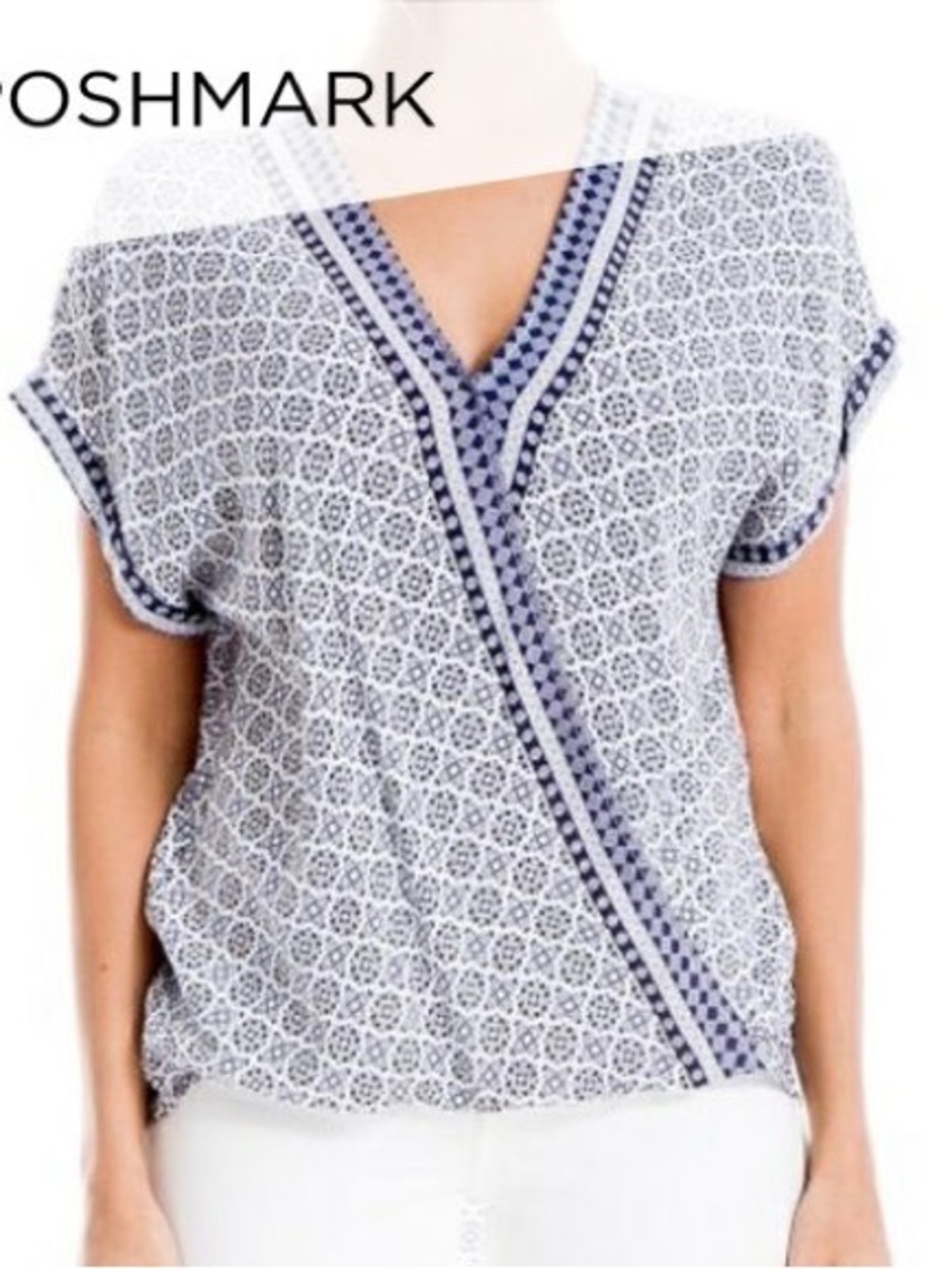 Max Studio Navy and White Geometric V-Neck Blouse